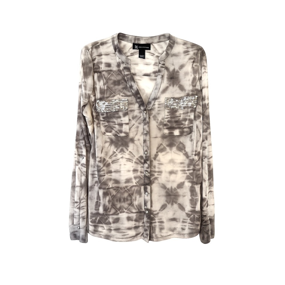 Y2k INC International Concepts Women's Gray Tye Die Sheer Sequin Pocket Blouse L - Picture 3 of 6